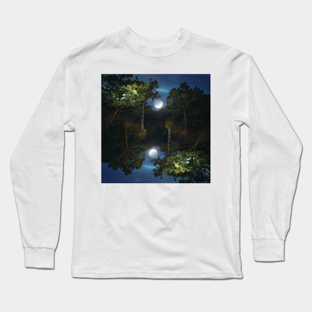 Moonset in coniferous forest Long Sleeve T-Shirt by va103